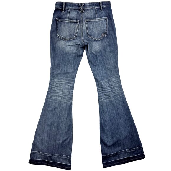 EXPRESS Bell Flare Mid Rise Blue Jeans Size 4 Nautical Button Stretch Denim - Picture 2 of 13